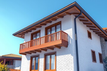 Modern home in Bulgarian village with white walls and red wood balcony, sunny weather.