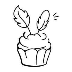 A hand drawn icon of a boho themed cupcake decorated with feathers

