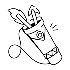 A doodle icon of a quiver with arrows and feathers

