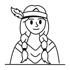 A doodle icon of a tribal girl with a headdress and braids
