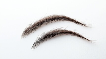 Close-up view of two eyebrow hairs on a white background highlighting their fine texture and natural shape
