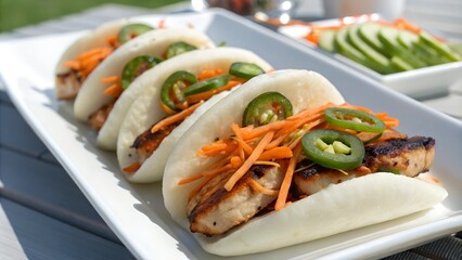 Bao buns with grilled meat and vegetables on plate