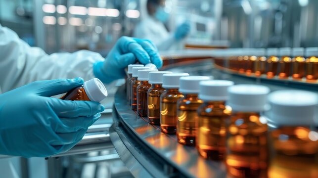In a sterile laboratory, a team of pharmaceutical experts handles medicine bottles on the production line with precision and safety measures, including gloves and masks, ensuring quality and safety