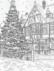 Obraz premium Sketchfor a coloring book, cozy Christmas English house at nighttime, with a lot of lighting candles and lights,