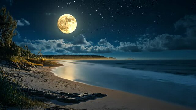 A full moon shines over a sandy beach, casting its light on the calm ocean waves under a starry sky