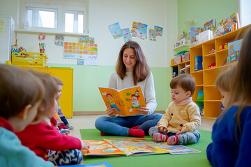 Children in Kindergarten at a reading lesson