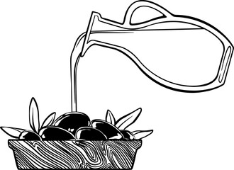 Composition with glass bottle of olive oil and mug with olive fruits.