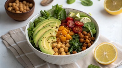 Buddha bowl with chickpeas, avocado, and vegetables in ceramic bowl