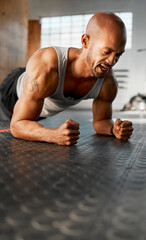 Man, fitness or plank with floor at gym for core exercise, abdominal workout or strength. Active,...
