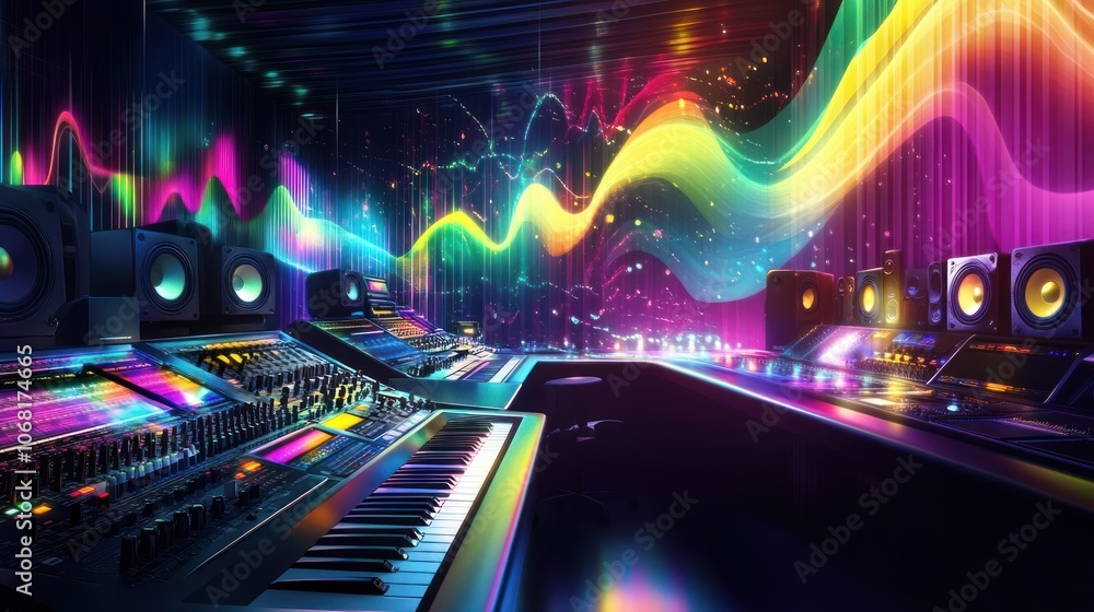 Poster a music studio with a digital audio workstation, a keyboard, and speakers. the background is a color