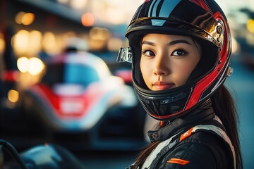 Close-up of a focused female racer with helmet.