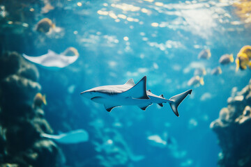 Fototapeta premium An underwater scene with sharks swimming in a vibrant blue ocean, evoking themes of marine life, adventure, and the natural underwater world.