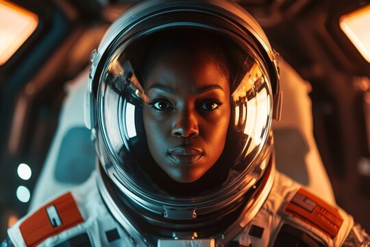 Black female astronaut in helmet with serious look.
