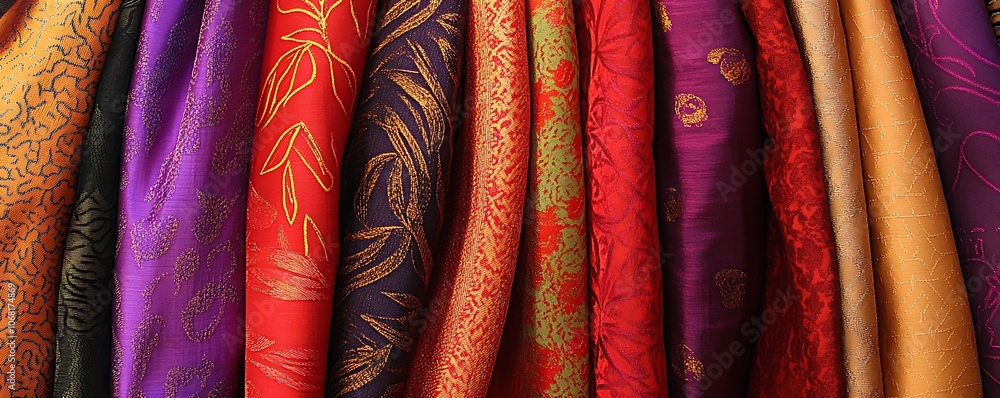 Poster a vibrant collection of colorful fabrics showcasing intricate patterns and textures.