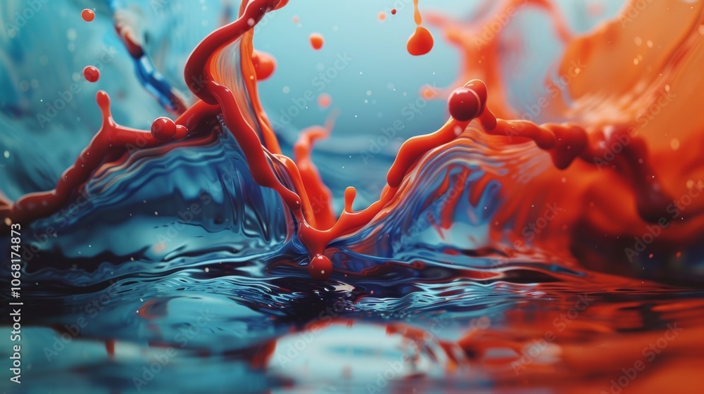 Poster vivid splashes of blue and red oil paint create dynamic patterns on a smooth surface, showcasing an 