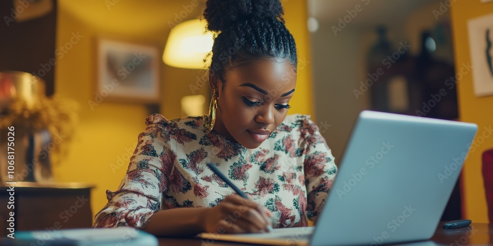 Poster a young woman is working from home. she's using a tablet and stylus, and has a laptop open in front 