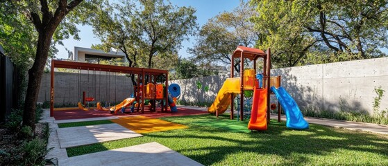 Colorful playground equipment with a slide and swings in a grassy area.
