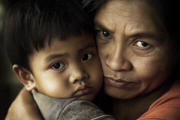 Obraz premium A close-up portrait of a mother holding her child, conveying warmth, love, and protective emotions in a tender moment of family connection. Suitable for family and parenting themes.