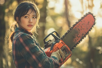 Confident woman with chainsaw in sunlit forest
