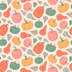 Seamless pattern of various bright pumpkins and gourds. Vector illustration in a retro style. Thanksgiving, harvest, autumn season fabric textile, packaging, wrapping paper, wallpaper design