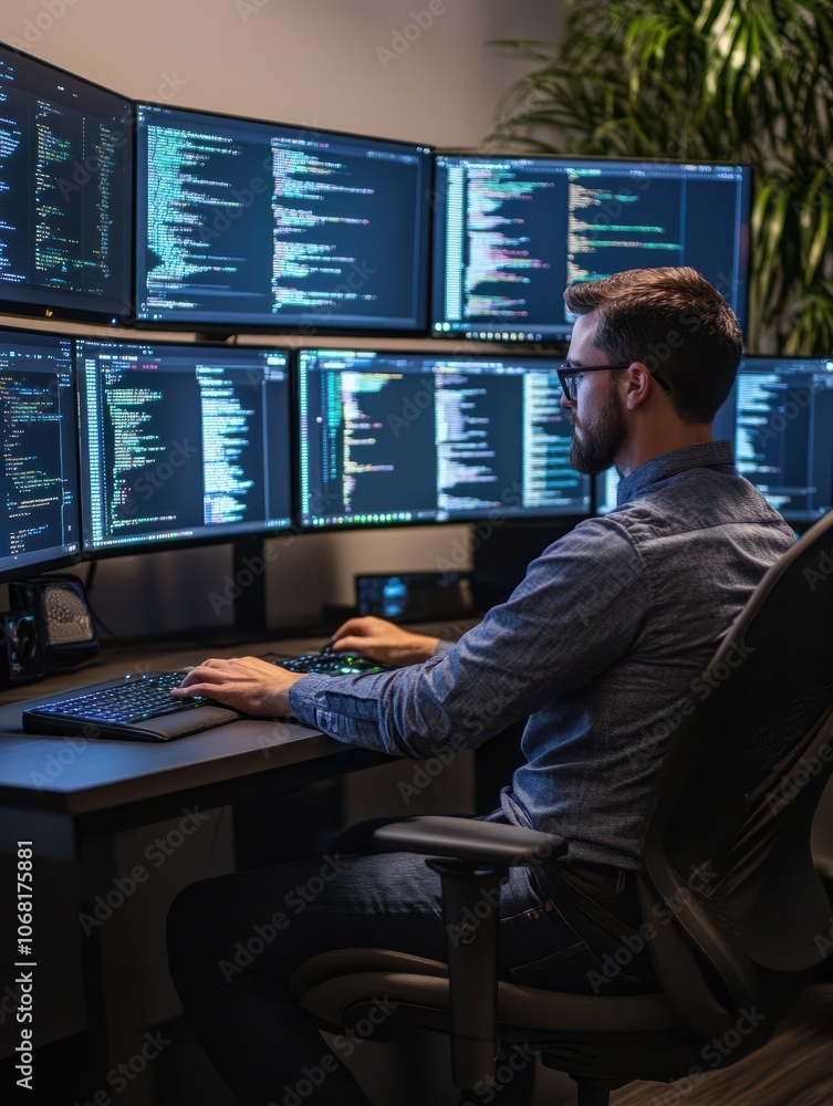 Aufkleber focused software developer working on multiple monitors in a modern office with code displayed on sc