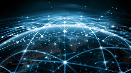 Obraz premium Network concept with global reach ,Blue futuristic background with planet Earth Internet and technology background