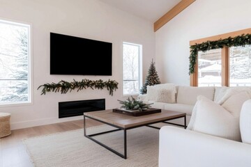 Modern living room decorated for christmas with snowy view outside