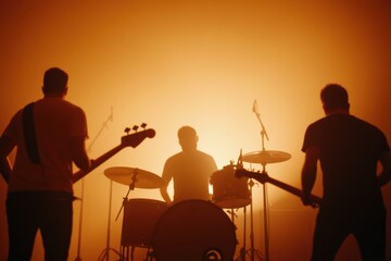 Rock band performing live on stage with orange backlight