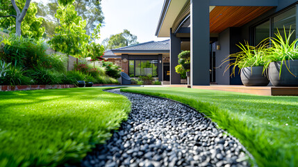 Obraz premium A contemporary Australian home or residential buildings front yard features artificial grass lawn turf with timber edging, and a big flowers garden