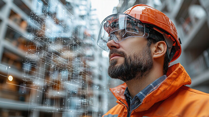 Construction Engineer Wearing Safety Gear with Digital Overlay in Urban Setting