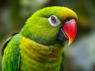Fototapeta premium A Vibrant Green Parrot with a Bold Red Beak on a Branch
