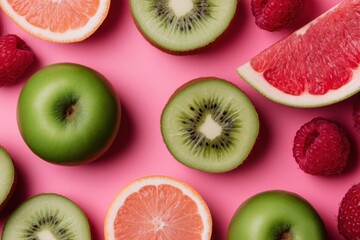 Fototapeta premium Fresh sliced fruits and berries creating vibrant and healthy pattern