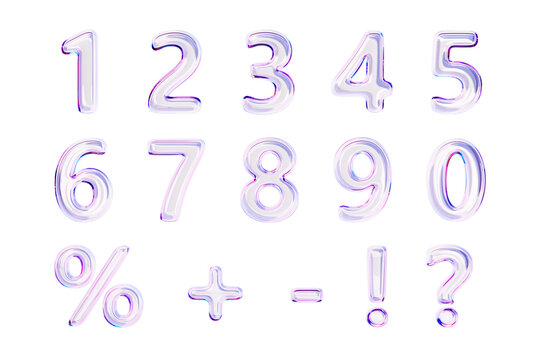 3d glass holographic liquid transparent numbers font from 0 to 9, percent sign, question mark, exclamation, plus and minus symbol. Rainbow glossy balloons with gradient texture render. 3D illustration