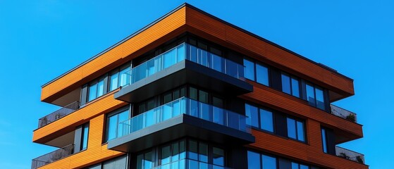Obraz premium Modern apartment building with balconies and large windows against a blue sky.