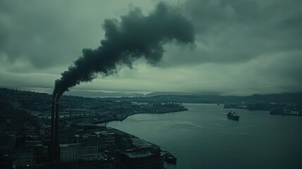 Fototapeta premium Industrial Landscape with Smoky Skyscrapers and Ships