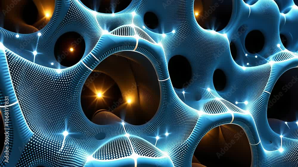 Poster dynamic evolution of glowing geometric patterns in a surreal futuristic environment