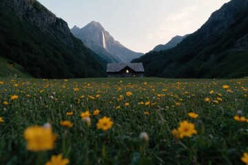 Fototapeta premium Stone hut stands in blooming meadow with waterfall and mountains in background