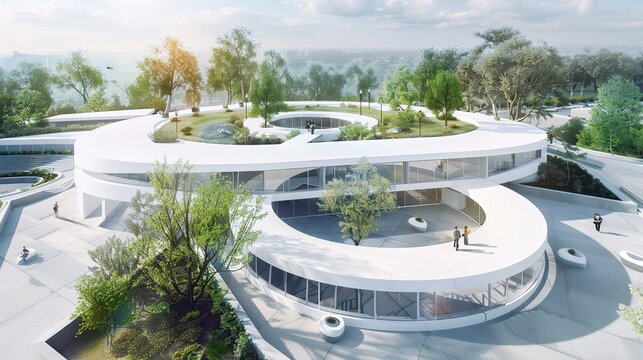3D Rendering of White Circular Building - a sleek and modern architectural visual. The circular design showcases innovative aesthetics and clean lines, creating a striking appearance.