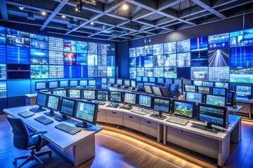 a room with many monitors and a laptop on the desk