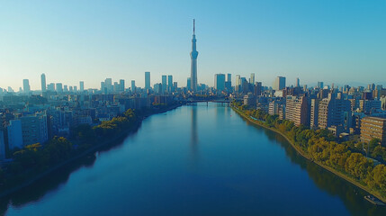 Fototapeta premium Aerial View of Modern Cityscape with River and Skyscrapers on Sunny Day