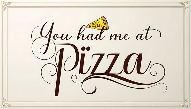 Minimalist poster reading “You Had Me at Pizza” in elegant script with a small pizza icon, capturing a humorous and heartfelt appreciation for comfort food.