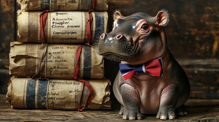 A hippo wearing a bow tie poses beside vintage books in a cozy, rustic setting, highlighting a playful moment