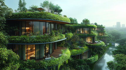 Obraz premium Sustainable Green Building with Lush Plant-Covered Balconies in Modern Urban Setting..