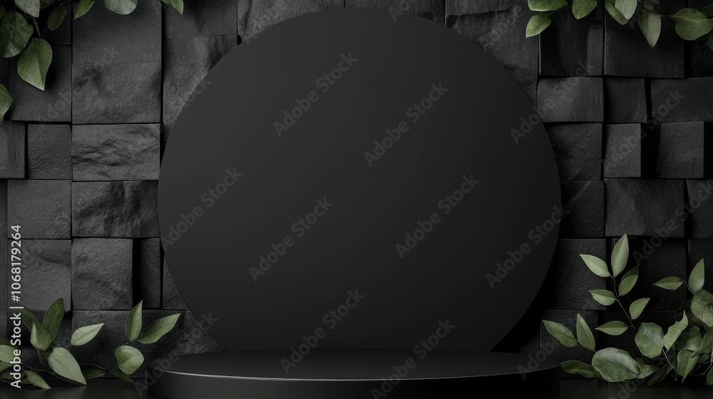 Poster a circular black display stand surrounded by textured dark stone and green leaves, creating a minima