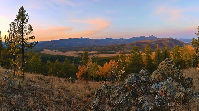 The Scenery of Autumn Forests in the Sunset Mountains - a breathtaking and idyllic visual. The autumn forests in the sunset mountains create a warm and vibrant look. It gives the impression of a seren