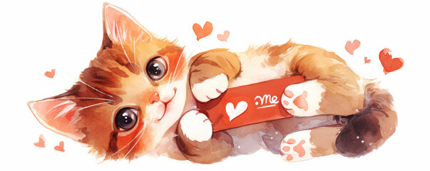 Cute cat holding small Adopt Me flag in its paws, surrounded by hearts, expressing love and affection. Perfect for pet adoption themes