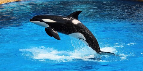 A black and white orca leaps out of the water