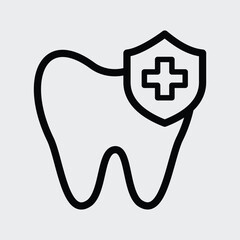 Tooth protection icon vector. Dental teeth care shield protection bacteria symbol outline icon. Editable stroke