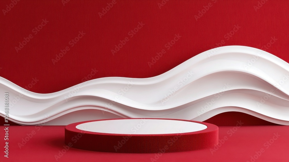Poster a minimalist design featuring red and white waves with a circular platform, creating a modern and ar