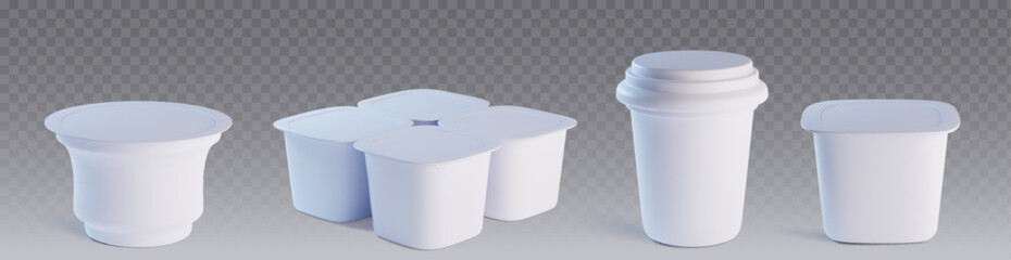 Yogurt cup mockups set isolated on transparent background. Vector realistic illustration of round and square plastic containers for dairy products, ice cream package with blank space for branding
